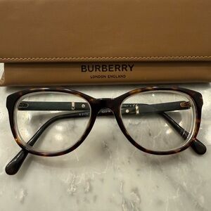 Burberry Brown Tortoise Eyeglasses with Check Pattern on Temples